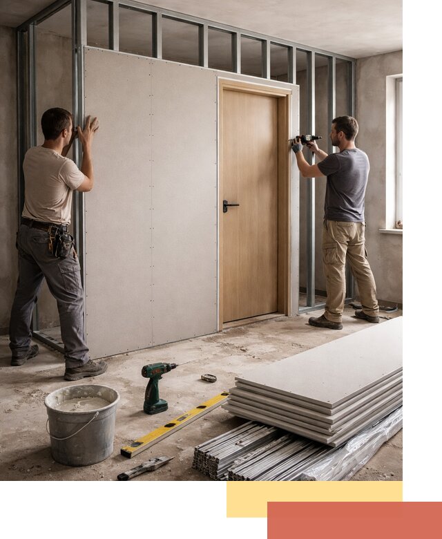 Перегородка из гипсокартона с дверью под ключ в Улан-Удэ