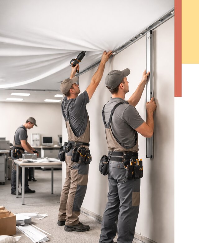 Монтаж натяжного потолка в офисе в Улан-Удэ от 461 руб/м² — быстро и недорого | ОТДЕЛОЧНИК-Лнд